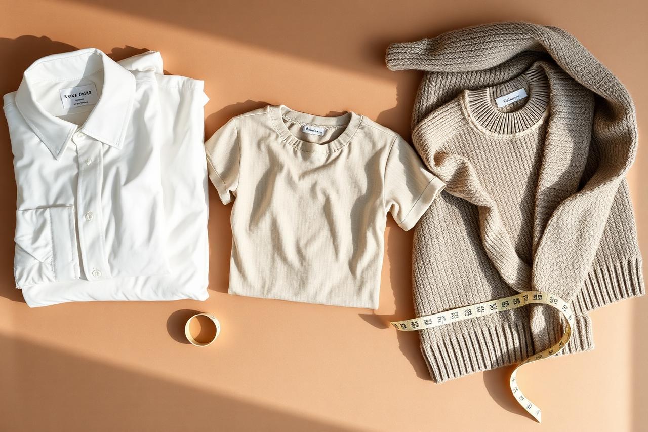 Flat-lay of folded cotton shirts, a kid's t-shirt and a knitted winter layer with a measuring tape